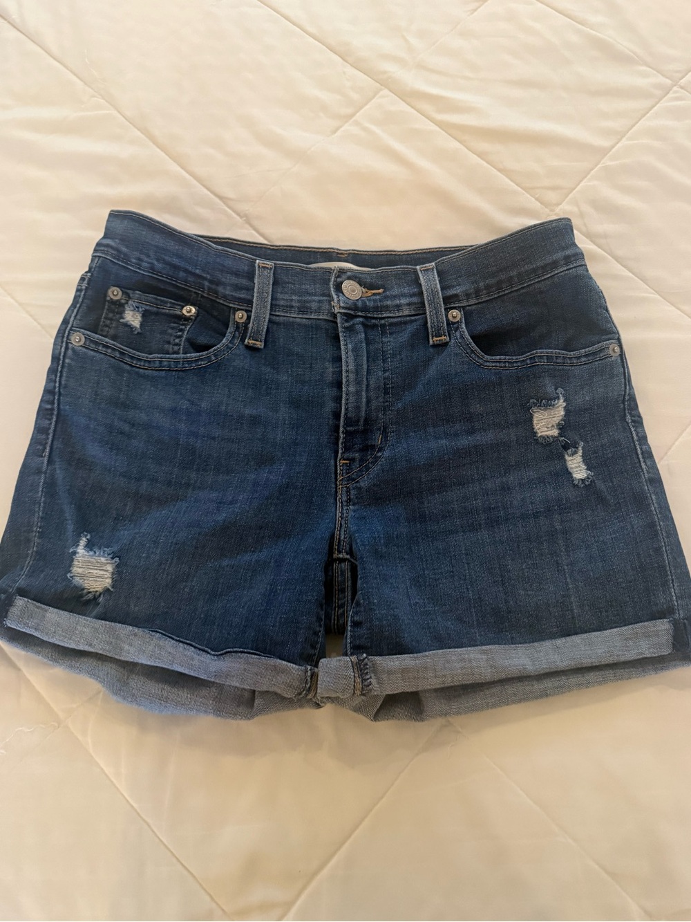 Rolled-Hem Dark Blue Distressed Women’s Denim Shorts